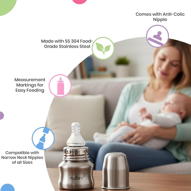 Nuluv Nourish+ Stainless Steel Feeding Bottle 60ml with Anti-Colic Silicone Nipple for 9+ Months Babies - Image 3